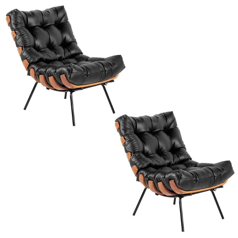 Kit 02 Poltronas Giratória Costela Couro Preto Base Madeira