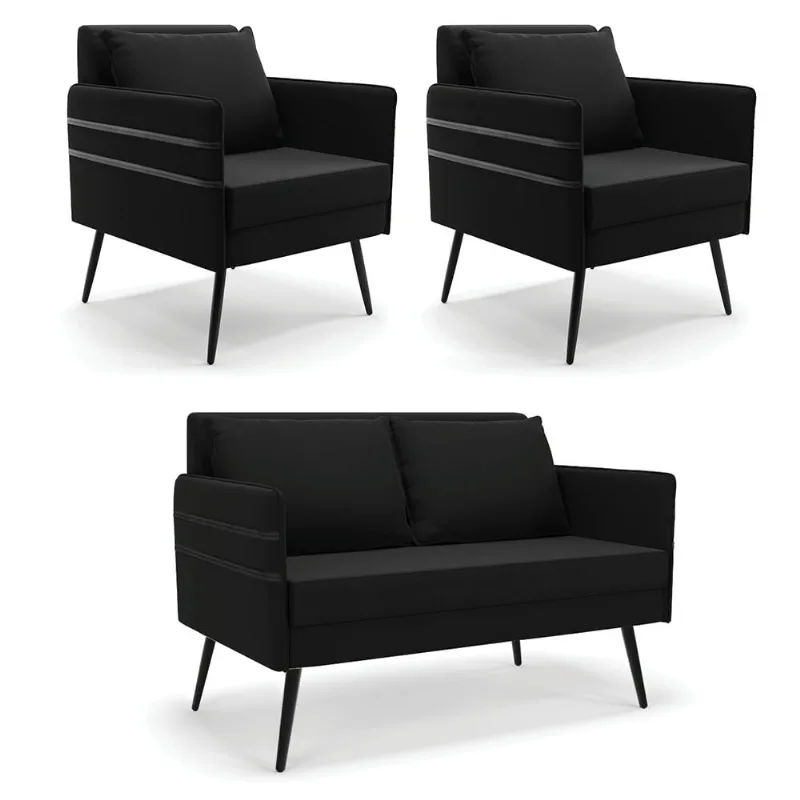 Kit 01 Namoradeira 02 Lugares e 02 Poltronas Mari Suede Preto Pés Palito de Ferro - D'Rossi - DRossi