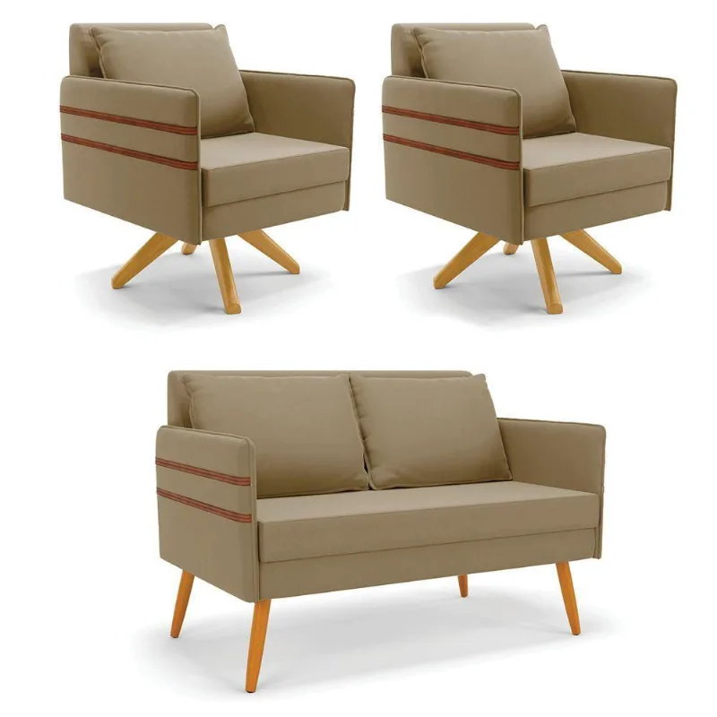 Kit 01 Namoradeira 02 Lugares E 02 Poltronas Mari Suede Marrom Rato Base De Madeira Ma30 - D'Rossi