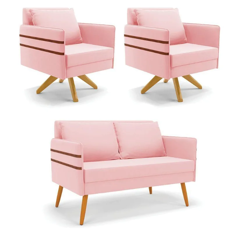 Kit 01 Namoradeira 02 Lugares E 02 Poltronas Mari Suede Rosa Bebê Base De Madeira Ma30 - D'Rossi
