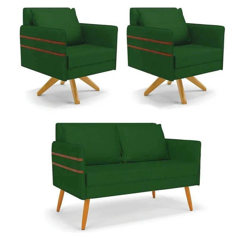 Kit 01 Namoradeira 02 Lugares E 02 Poltronas Mari Veludo Luxo Verde A136 Ma30