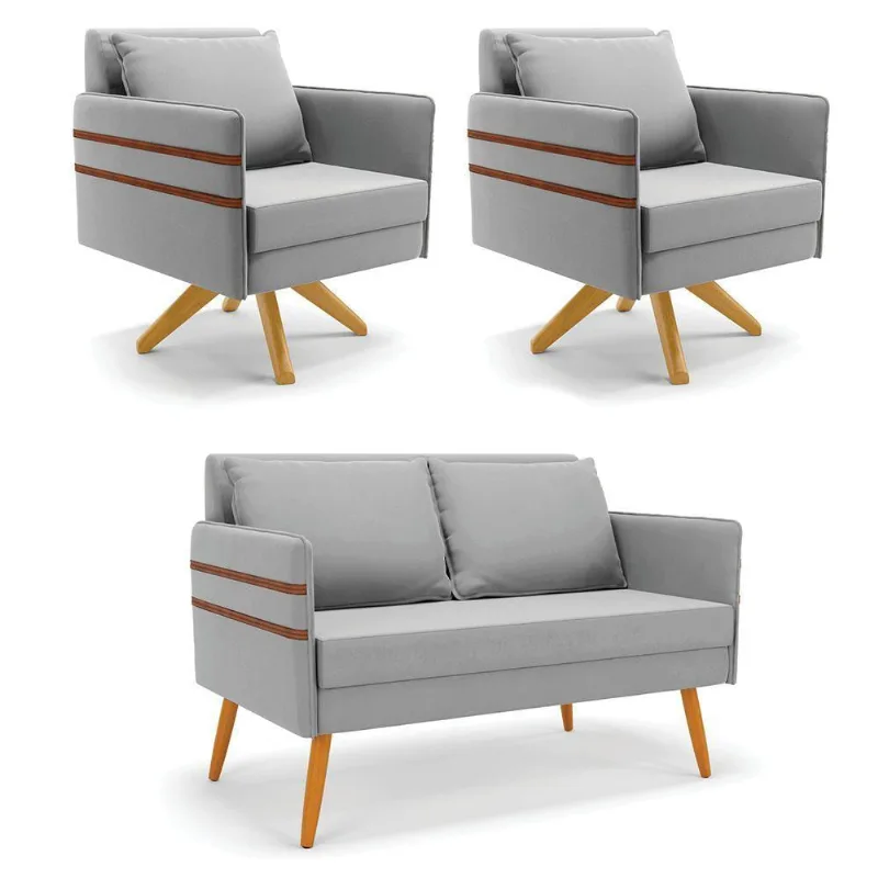 Kit 01 Namoradeira 02 Lugares E 02 Poltronas Mari Suede Base De Madeira Ma30 - D'Rossi Cinza