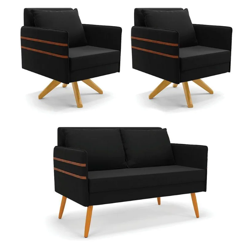 Kit 01 Namoradeira 02 Lugares E 02 Poltronas Mari Suede Base De Madeira Ma30 - D'Rossi Preto