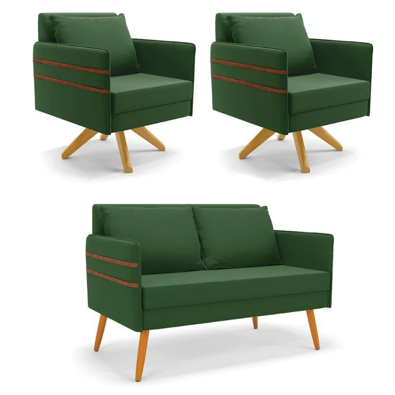 Kit 01 Namoradeira 02 Lugares E 02 Poltronas Mari Suede Base De Madeira Ma30 - D'Rossi Verde
