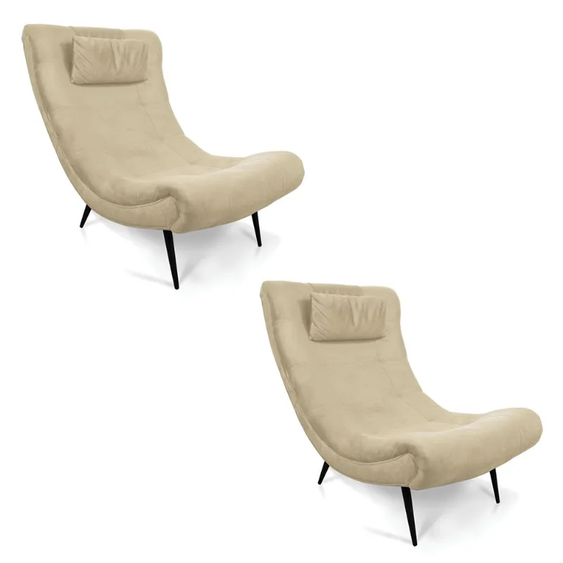 Kit 02 Poltronas Sher Suede Pés Palito de Ferro - D'Rossi Bege - DRossi