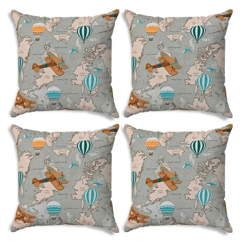 Kit 04 Capas Para Almofada Tecido Estampado Mapa Mundi D75 42x42 Cm - D'rossi