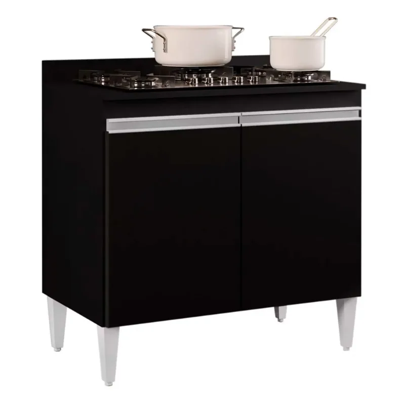 Balcão para Cooktop de Cozinha Com Tampo 2 Portas Brenda Preto 80 Cm - D'Rossi - DRossi