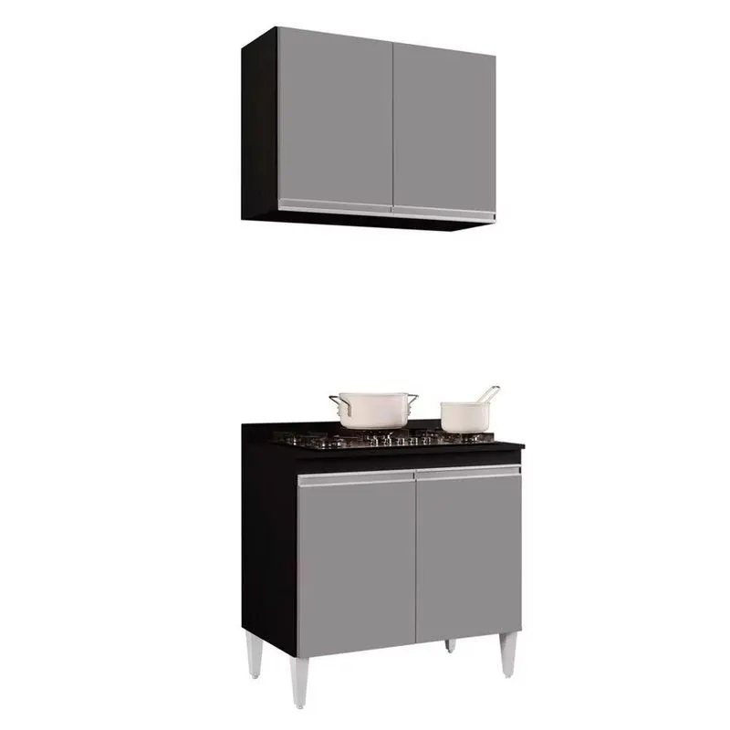 Kit Armário Aéreo Balcão Para Cooktop 02s Preto Cinza 80cm