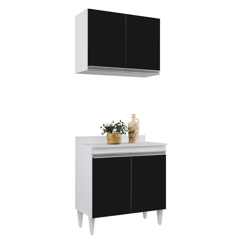 Kit Armário Aéreo Balcão 02s Branco Preto 80cm