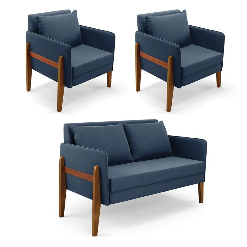 Kit 1 Sofá Namoradeira E 2 Poltronas Lana Suede Azul Marinho Base De Madeira - D'rossi