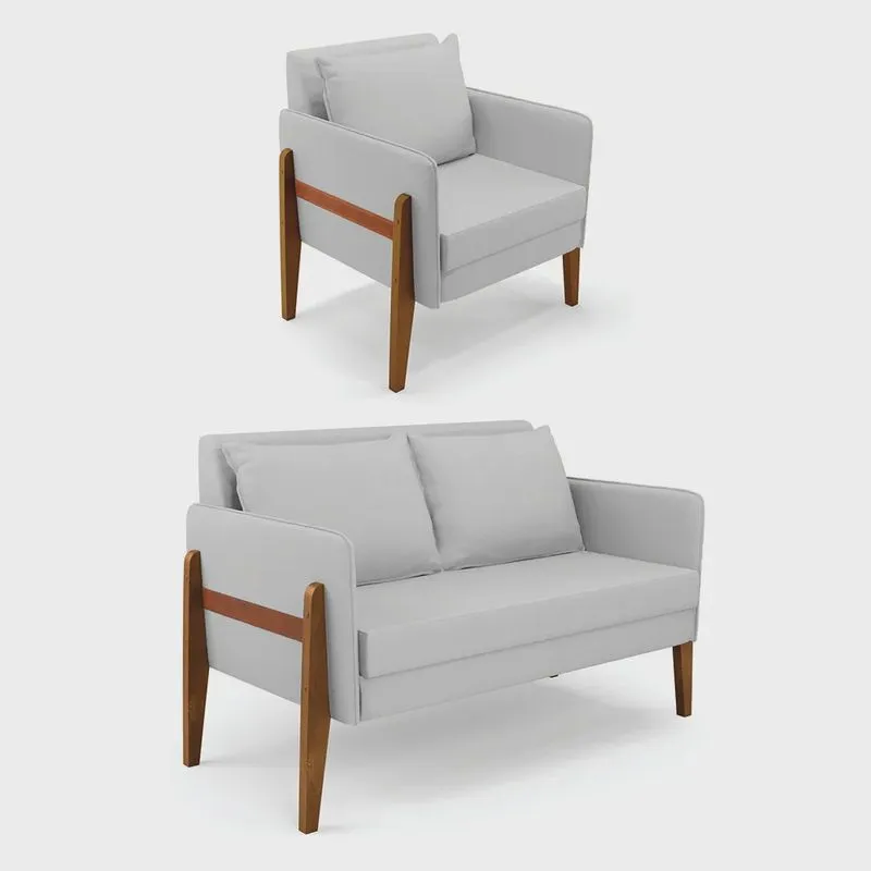 Kit 1 Sofá Namoradeira e 1 Poltrona Lana Linho Cinza A05 Base de Madeira - D'Rossi