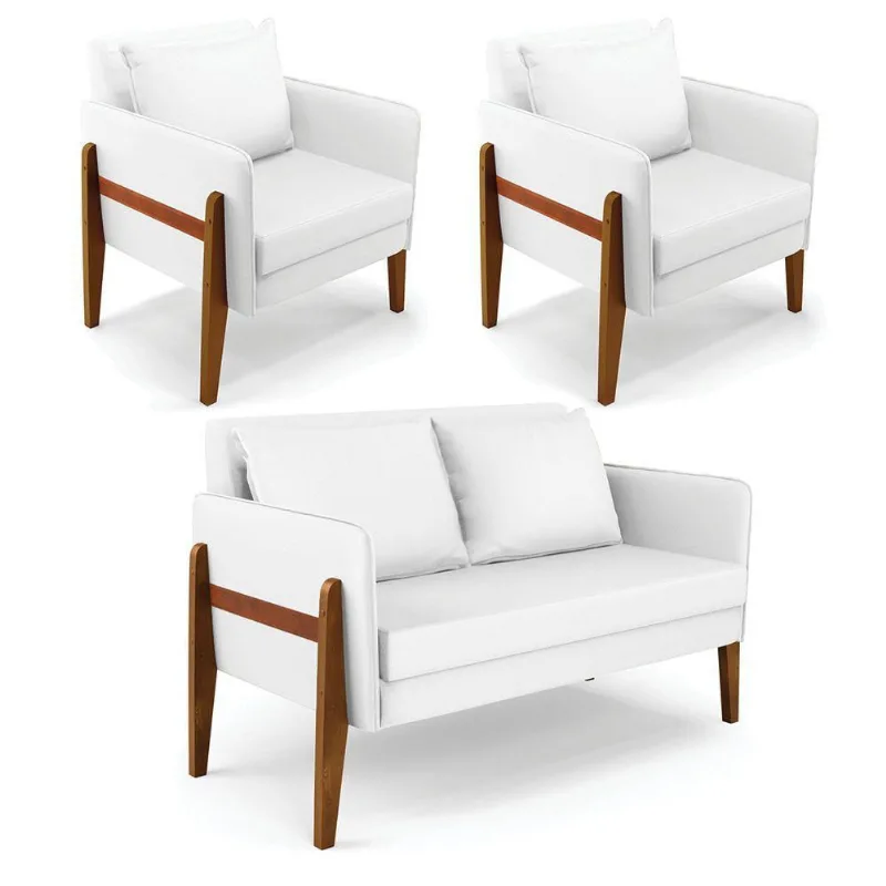 Kit 1 Sofá Namoradeira E 2 Poltronas Lana Corino Branco Base De Madeira - D'Rossi
