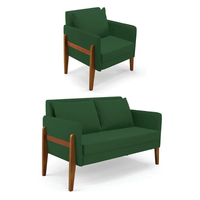 Kit 1 Sofá Namoradeira E 1 Poltrona Lana Veludo Verde Base De Madeira - D'rossi