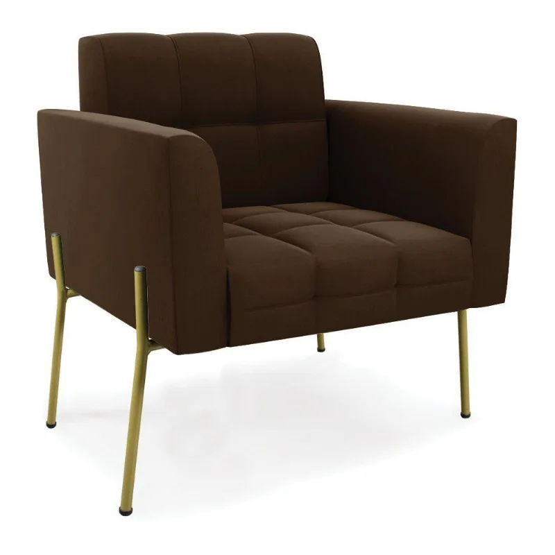 Poltrona Pé De Ferro Dourado Para Sala Elisa Suede Marrom D03 - D'rossi