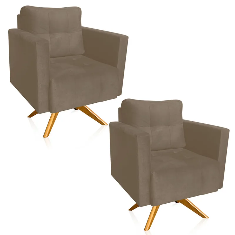 Kit 2 Poltronas Giratória Livia Suede Marrom Rato Base de Madeira MA30 - D'Rossi - DRossi