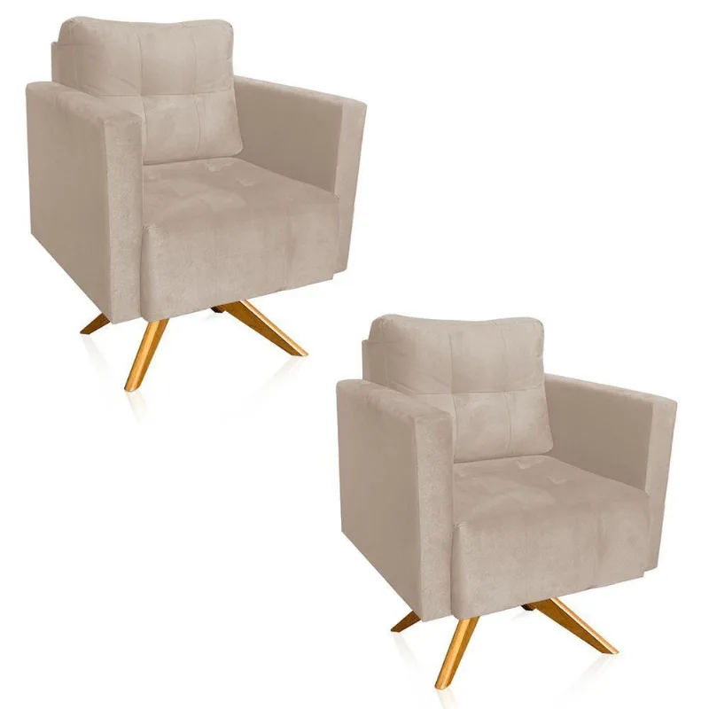 Kit 2 Poltronas Giratória Livia Suede Base De Madeira Ma30 D01 - DRossi Bege