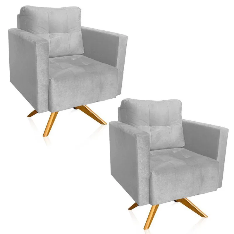 Kit 2 Poltronas Giratória Livia Suede Base De Madeira Ma30 - D'rossi Cor Cinza