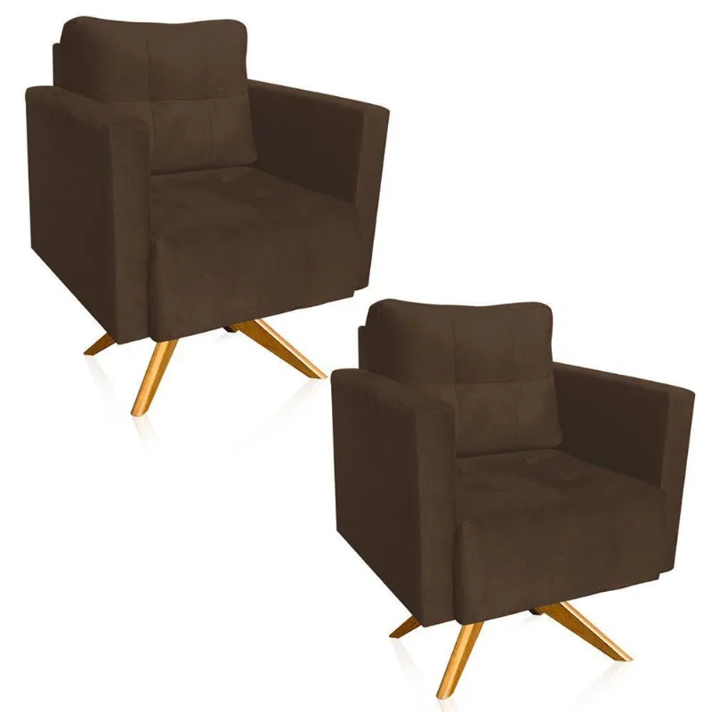 Kit 2 Poltronas Giratória Livia Suede Base De Madeira Ma30 D01 - DRossi Marrom
