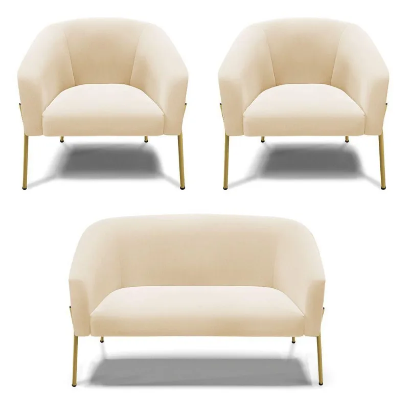 Sofá Namoradeira E 2 Poltronas Pé De Ferro Dourado Stella Suede D03 - D'rossi Cor Bege
