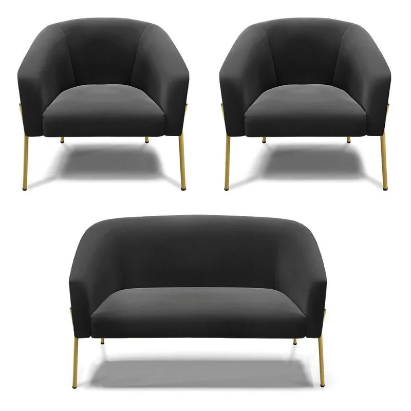 Sofá Namoradeira E 2 Poltronas Pé De Ferro Dourado Stella Suede D03 - D'rossi Cor Preto