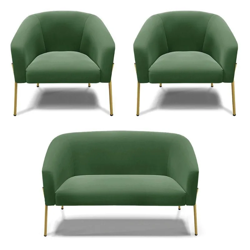Sofá Namoradeira E 2 Poltronas Pé De Ferro Dourado Stella Suede D03 - D'rossi Cor Verde