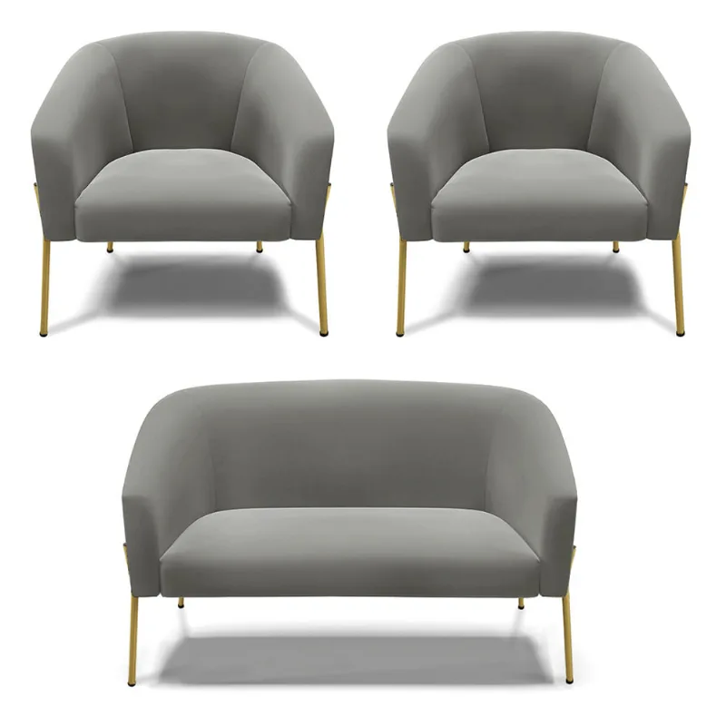Namoradeira e 2 Poltronas Pé de Ferro Dourado Stella Suede Grafite D03 - D'Rossi