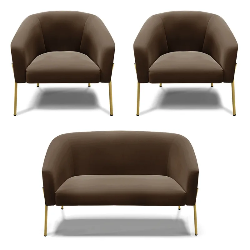 Namoradeira e 2 Poltronas Pé de Ferro Dourado Stella Suede Marrom D03 - D'Rossi