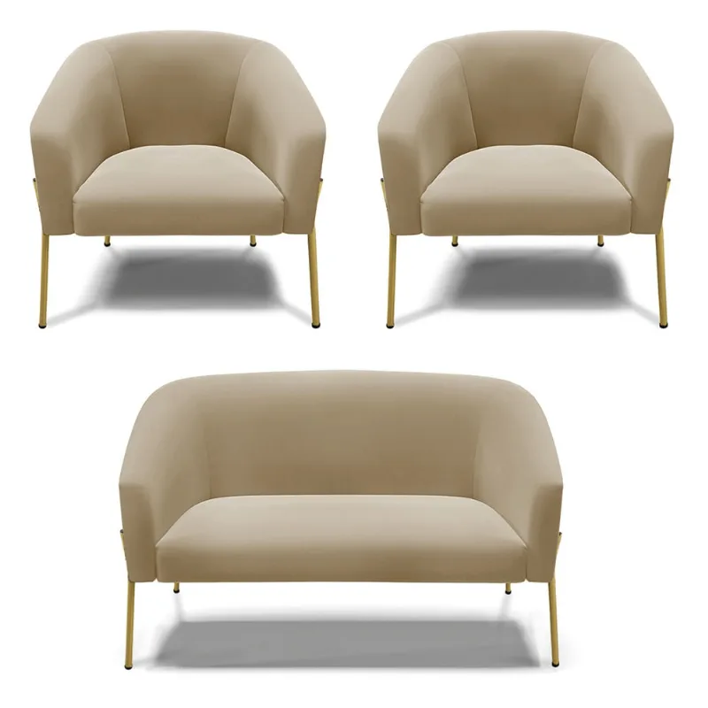 Namoradeira e 2 Poltronas Pé de Ferro Dourado Stella Suede Marrom Rato D03 - D'Rossi