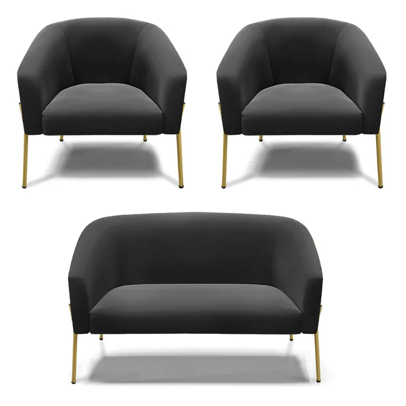 Namoradeira e 2 Poltronas Pé de Ferro Dourado Stella Suede Preto D03 - D'Rossi