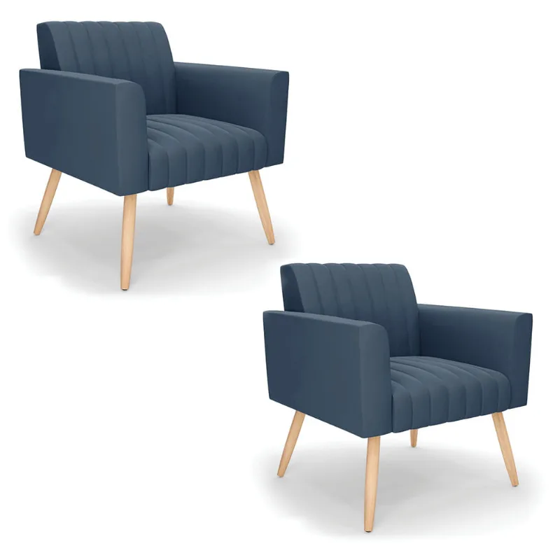 Kit 2 Poltronas Viena Gomada Suede Azul Marinho Pés Palito Natural - D'Rossi