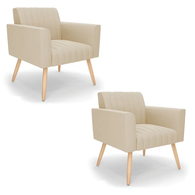 Kit 2 Poltronas Viena Gomada Suede Bege Pés Palito Natural - D'Rossi