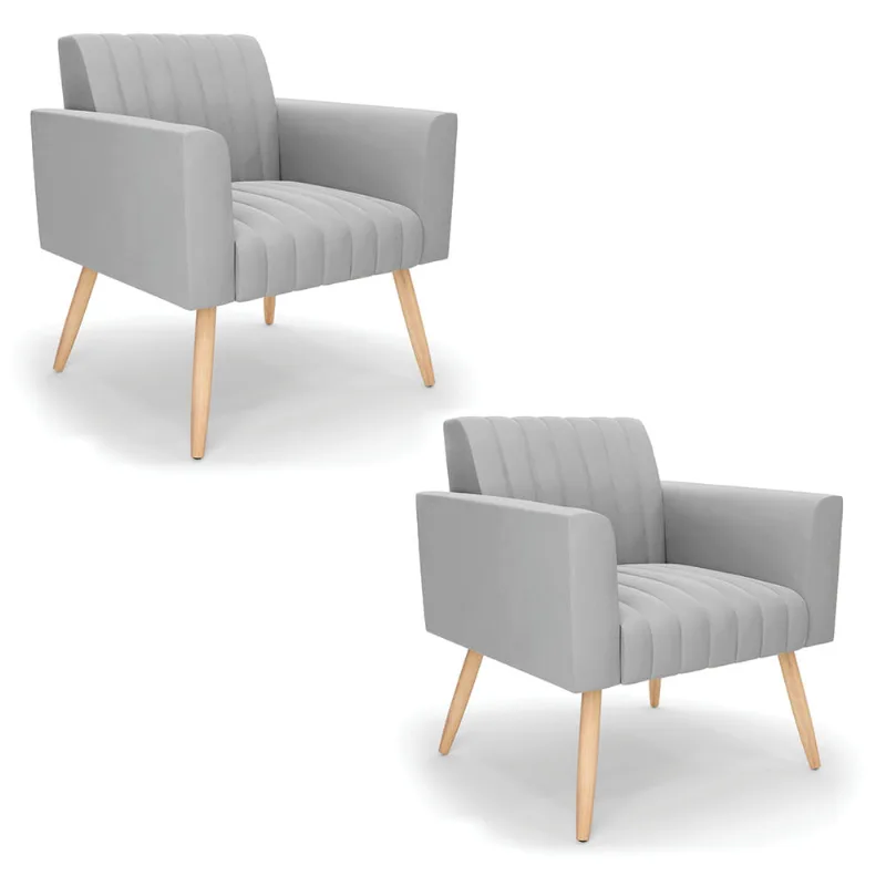 Kit 2 Poltronas Viena Gomada Suede Cinza Pés Palito Natural - D'Rossi - DRossi
