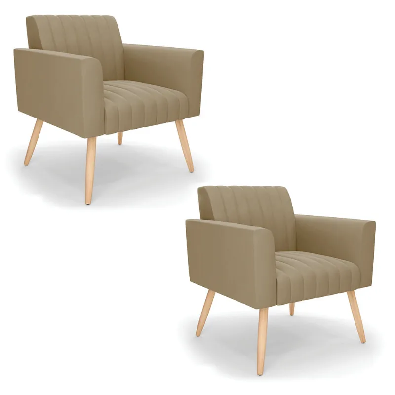 Kit 2 Poltronas Viena Gomada Suede Marrom Rato Pés Palito Natural - D'Rossi - DRossi