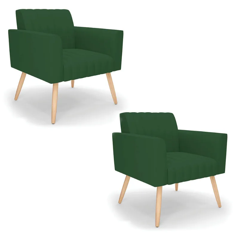 Kit 2 Poltronas Viena Gomada Veludo Verde Pés Palito Natural - D'Rossi - DRossi