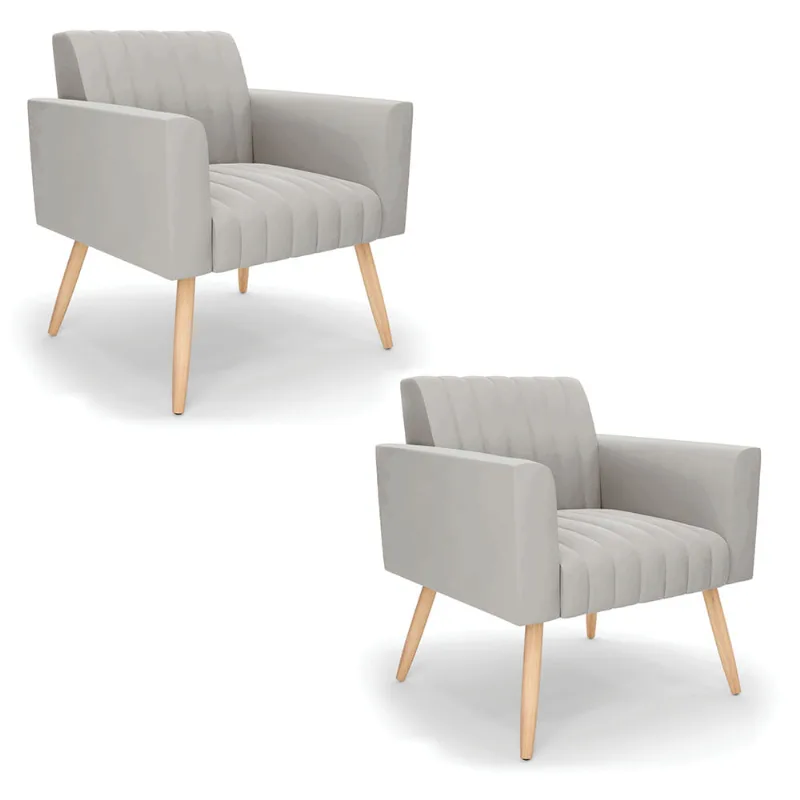 Kit 2 Poltronas Viena Gomada Veludo Pés Palito Natural - D'Rossi Cinza - DRossi