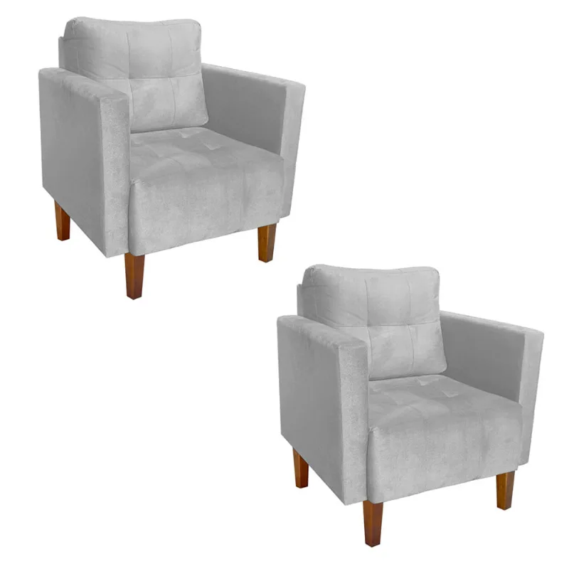 Kit 2 Poltronas Livia Suede Cinza Pés Chanfrado Castanho - D'Rossi - DRossi