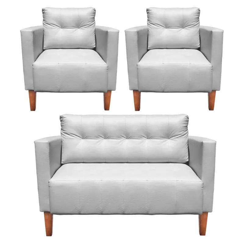 Kit 1 Sofá Namoradeira e 2 Poltronas Livia Corino Pés Chanfrado Castanho - D'Rossi Branco