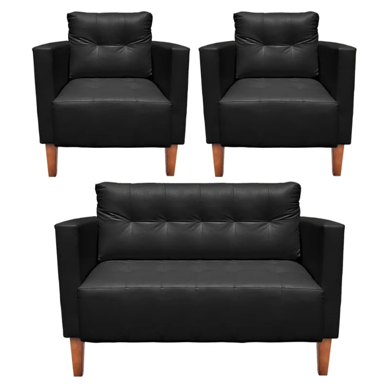 Kit 1 Sofá Namoradeira e 2 Poltronas Livia Corino Pés Chanfrado Castanho - D'Rossi Preto