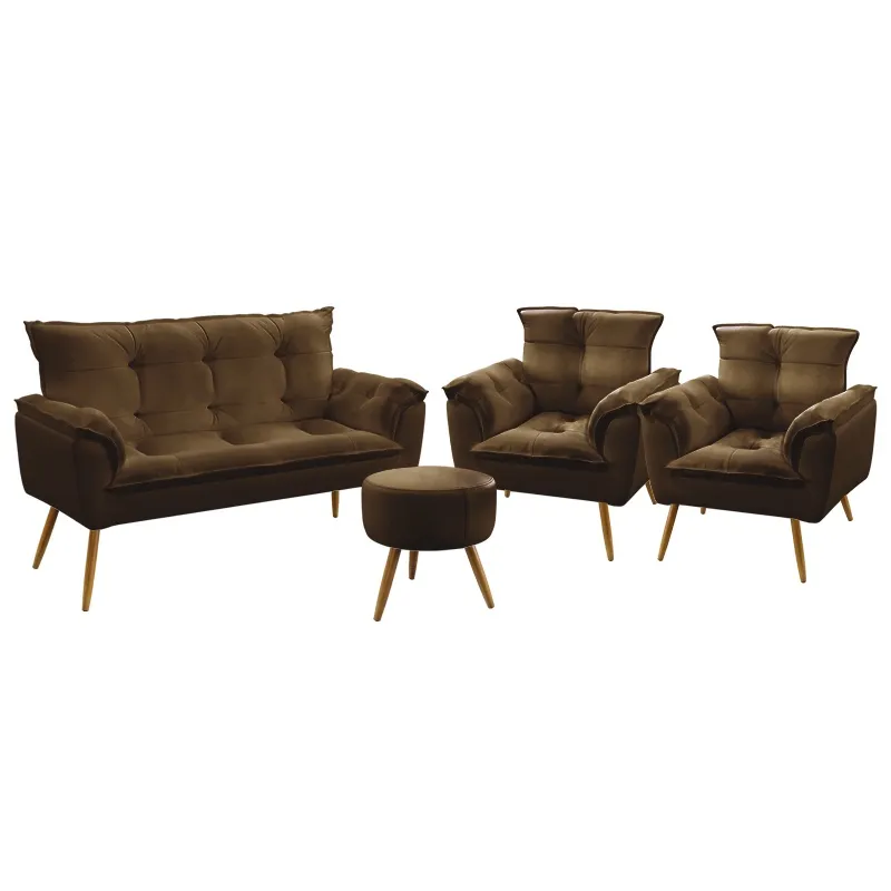 Kit Poltrona Namoradeira e 2 Poltronas Decorativas Estofada Para Sala De Estar Opala Puff Solar Sued Marrom Aradecor