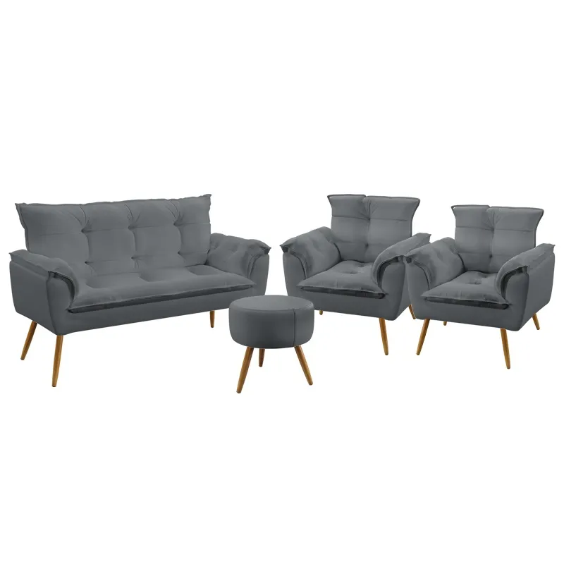 Kit Poltrona Namoradeira e 2 Poltronas Decorativas Estofada Para Sala De Estar Opala Puff Solar Sued Cinza Aradecor