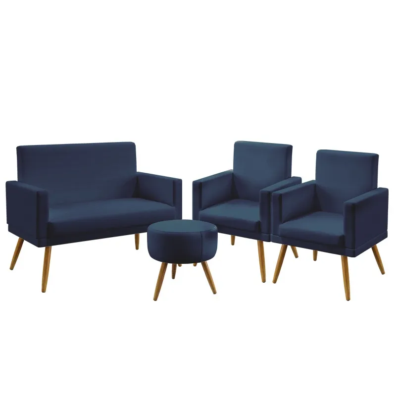 Kit Poltrona Namoradeira e 2 Poltronas Decorativas Estofada Sala Estar Nina Rodapé Puff Solar Sued Azul Marinho Aradeco