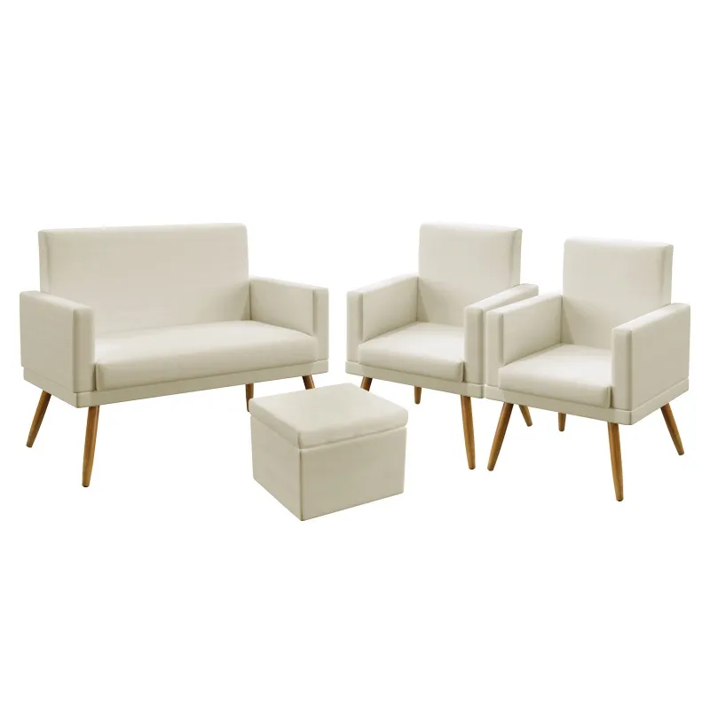 Kit Poltrona Namoradeira e 2 Poltronas Decorativas Estofada Sala De Estar Nina Rodapé e Puff Quasar Sued Bege Aradecor