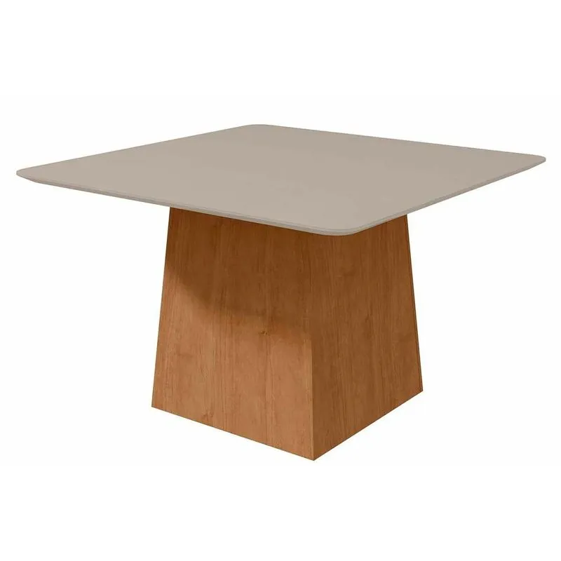 Mesa de Sala Jantar Nevada c/ Tampo Madeirado Canto Curvo 130x130cm Amêndoa/Off White - Lopas