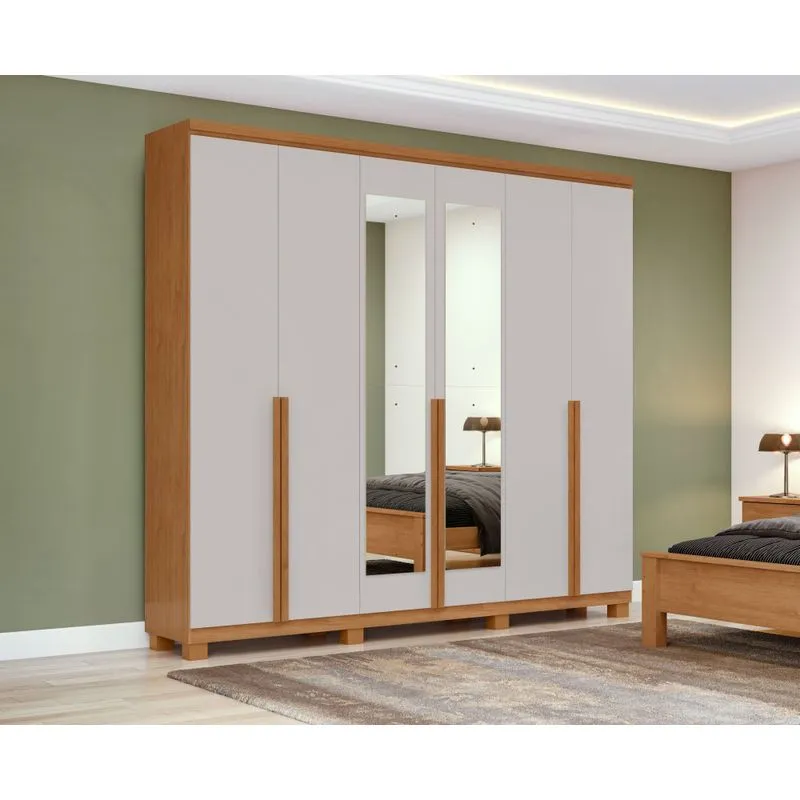 Guarda Roupa Casal 6 Portas 100% MDF Alonzo Com Espelhos e Pés Amendoa Clean/Off White