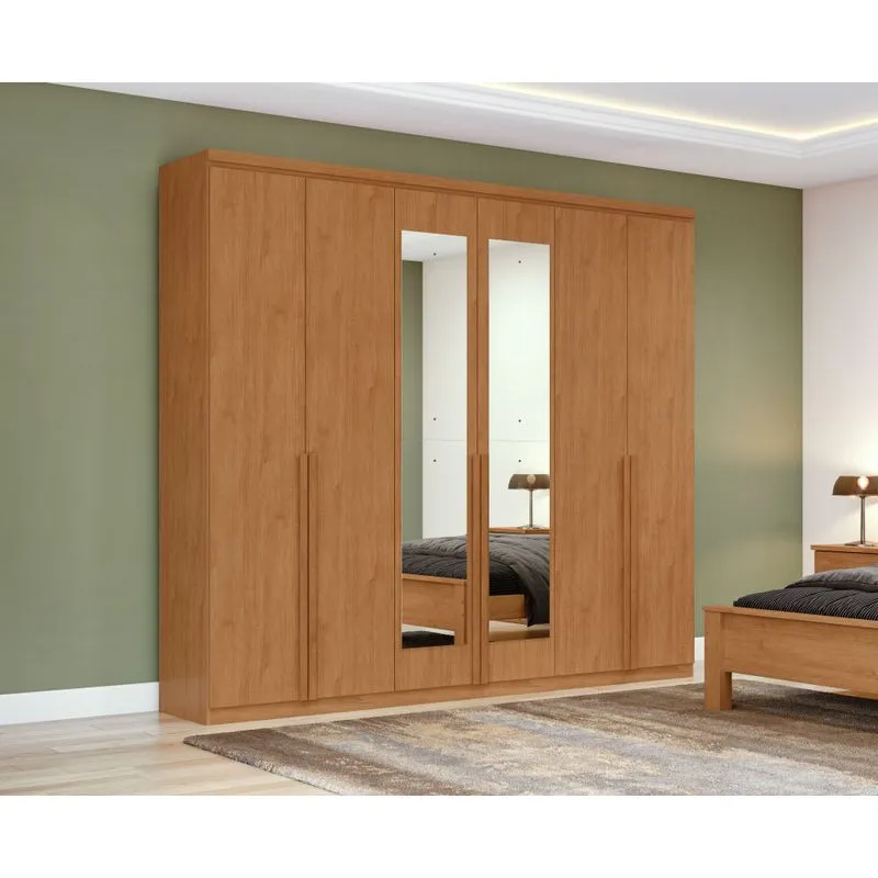 Guarda Roupa Casal 6 Portas 100% MDF Alonzo Com Espelhos Amendoa Clean