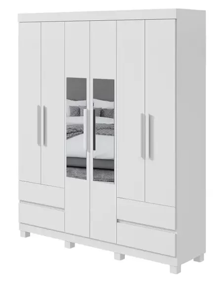 Roupeiro 06 Portas Zeus Plus Com Espelho Com Pés Branco - Lopas