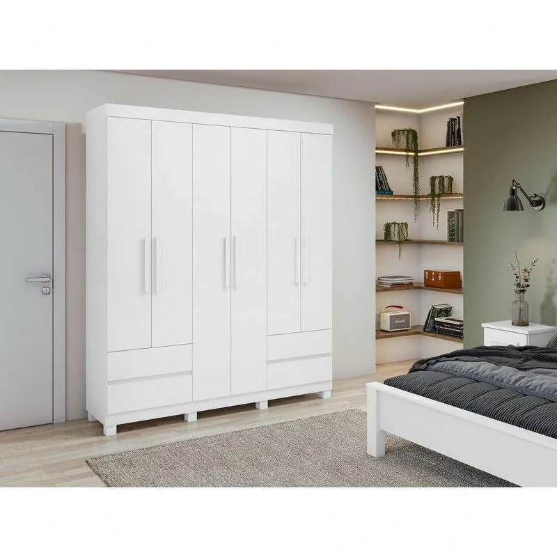 Guarda-roupas 6 Portas 4 Gavetas Com Pés Sem Espelho Zeus Branco