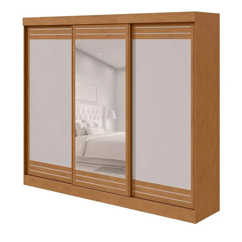 Guarda-Roupa Casal com Espelho Nice 3 Portas 6 Gavetas Amêndoa Clean e Off White