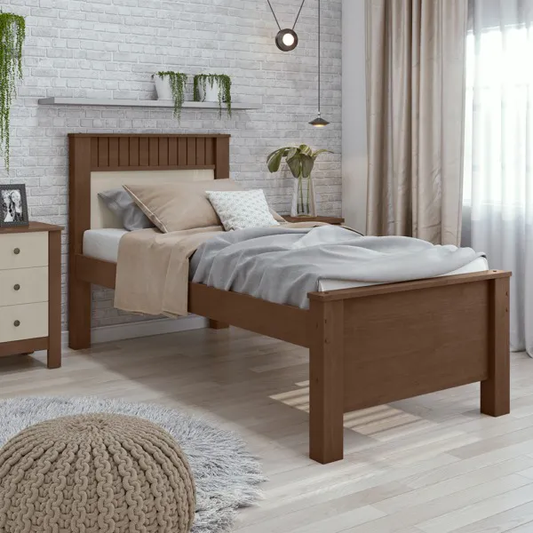 Cama Solteiro Athenas Plus Imbuia Clean Off White - Móveis Lopas