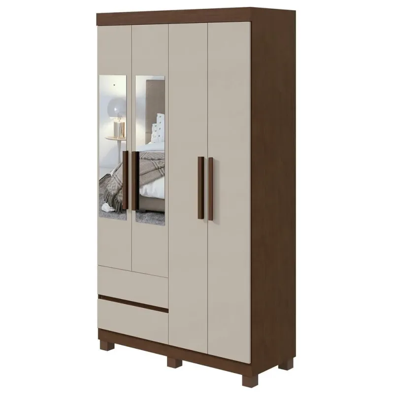 Roupeiro 04 Portas Zeus Plus com Espelho com Pés Imbuia Clean Off White - Lopas